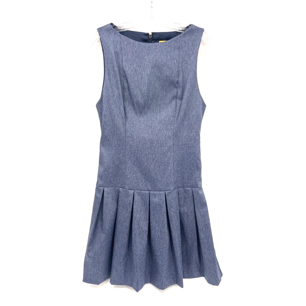 ALICE + OLIVIA Size 4 Denim Blue Zipper-Back Pleated Drop-Waist Sleeveless Dress